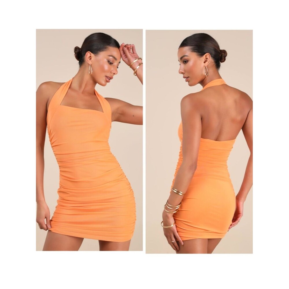 Lulus Attractive Radiance Orange Mesh Ruched Halter Mini Dress Size Small Party